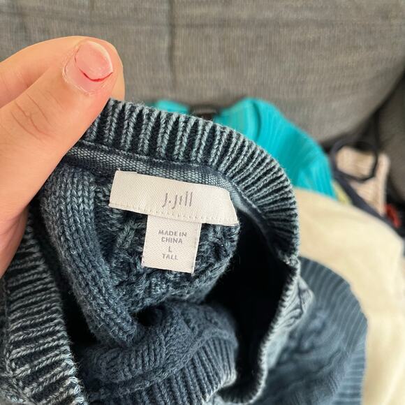 J Jill Blue Cable Knit Pullover Sweater Wmns L Tall Fisherman Casual - Picture 7 of 9